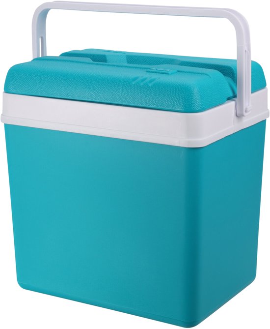 Turquoise koelbox van kunststof met deksel, witte rand en omhoog staande handgreep. Afmetingen: 24 x 34 x 32 cm.