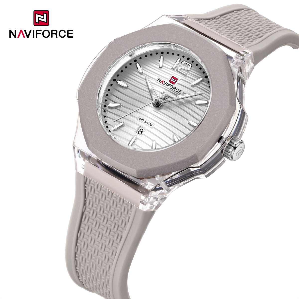 NAVIFORCE horloge met grijze gefumeerde siliconen polsband, grijze horlogekast en zilveren wijzerplaat voor dames met stijl ( Model 6109 SWBGY )