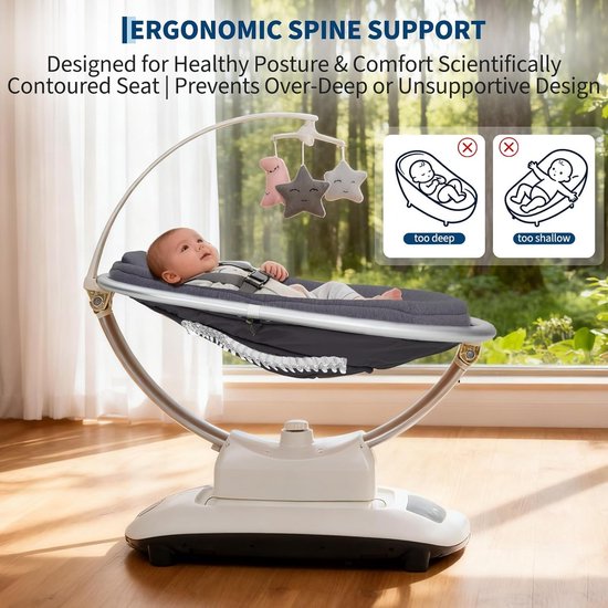 Elektrische Babywip - Schommelstoel Baby - Baby Entertainment - 5D Swing Technologie - 50 x 74.5 cm - Donkergrijs — afbeelding 4