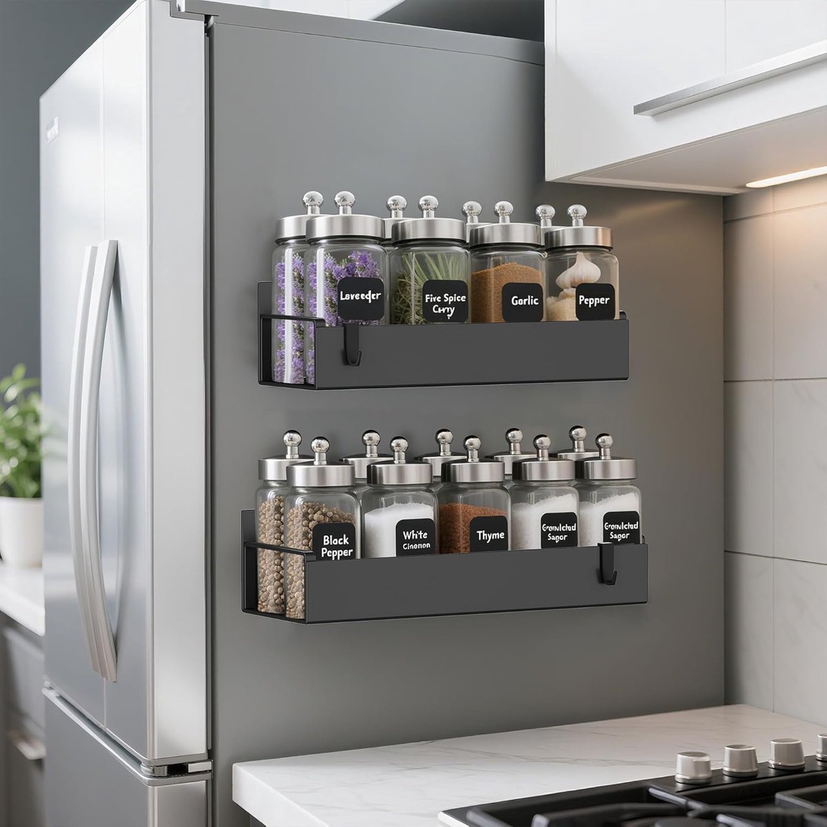 Magnetische Kruidenrekken - Keuken Organizers - Koelkast en Oven - Verplaatsbaar met Haken - 29.5 cm Lengte - Zwart