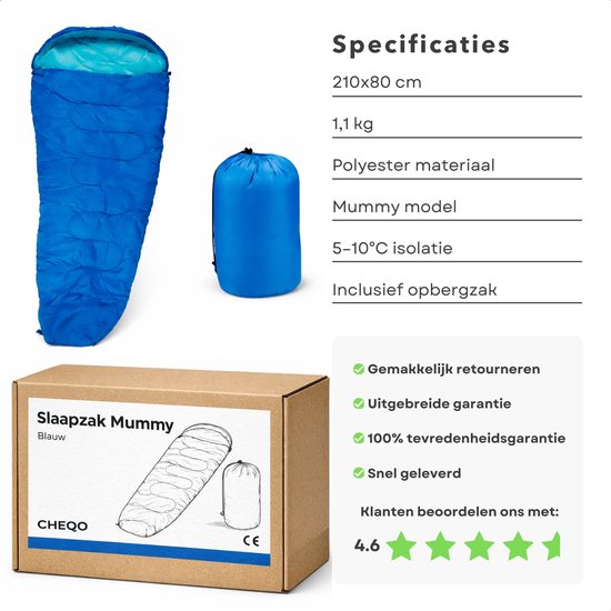 Cheqo® Mummy Slaapzak - Slaapzak Volwassenen - Blauwe Slaapzak - Slaapzak Kamperen - Zomerslaapzak - Slaapzak Zomer - Slaapzak Met Capuchon - Slaapzak Hiken - Slaapzak Backpacken - Slaapzak Festival - Outdoor Slaapzak van Cheqo — afbeelding 5