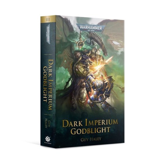Livre 'Dark Imperium Godblight' par Guy Haley. Couverture représentant une scène de combat entre un Space Marine et des monstres sous un ciel vert et brumeux.