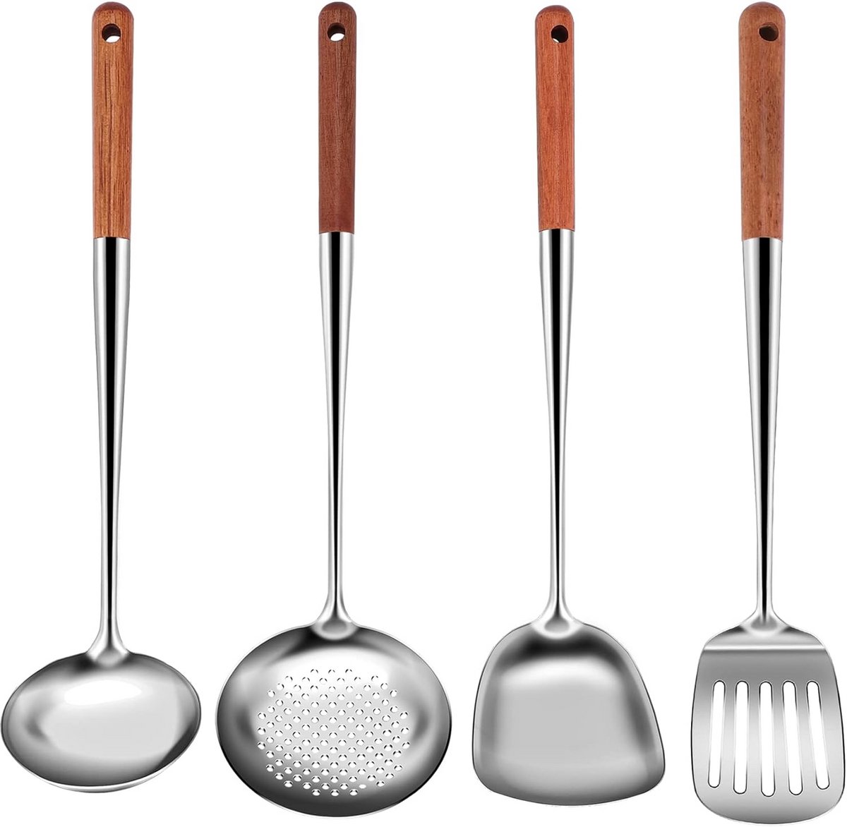 Set van 4 Keukenhulpen RVS met Houten Handvat: Spatel, Pollepel & Wokaccessoires