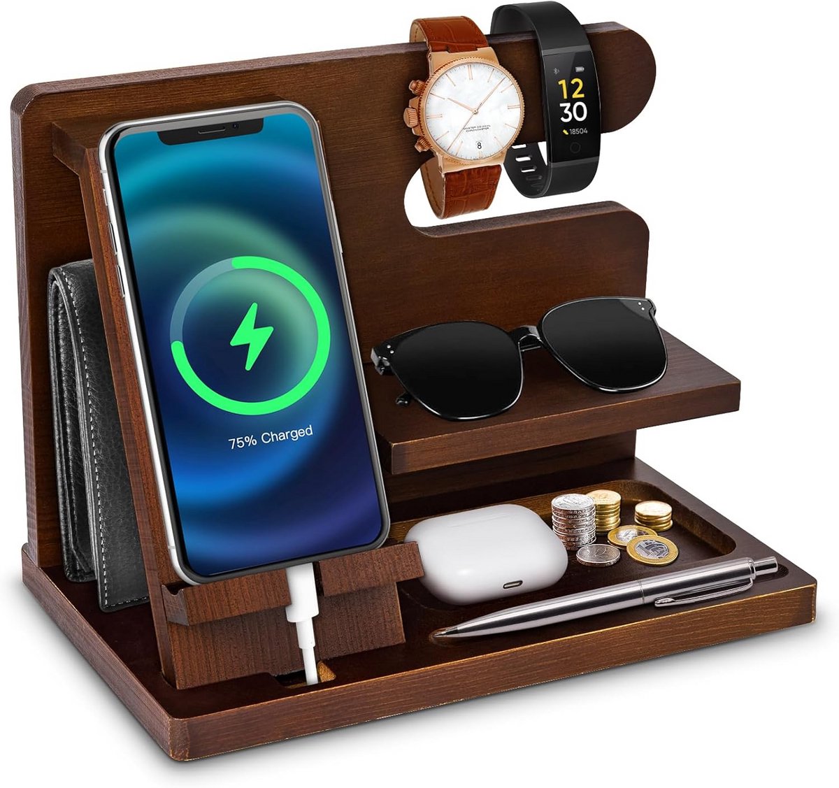 Houten Telefoon Dockingstation voor Mannen - Stijlvol Nachtkastje Oplader & Organiser