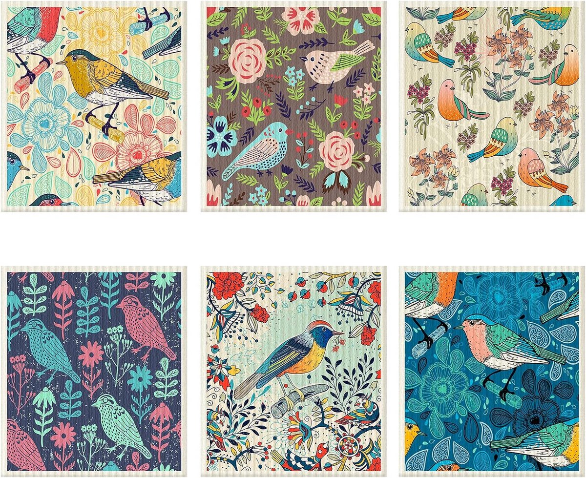 6x Zachte, Absorberende Keukendoeken met Bloemen- en Vogelprint - Herbruikbare Theedoeken