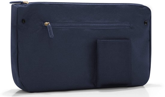 Donkerblauwe etui met een rits aan de voorkant en een klein open vakje.