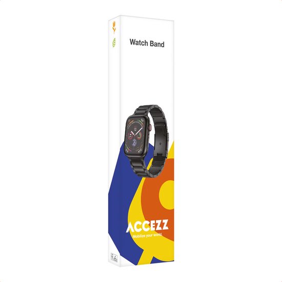 Verpakking van een zwart metalen horlogebandje, met een Apple Watch erop.