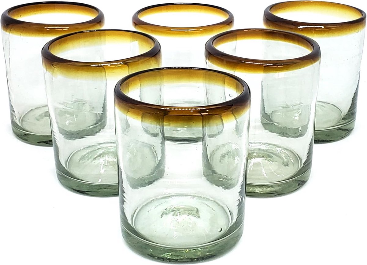 Set van 6 Handgemaakte Mexicaanse Drinkglazen (10 oz) - Gerecycled Glas met Amber Rand
