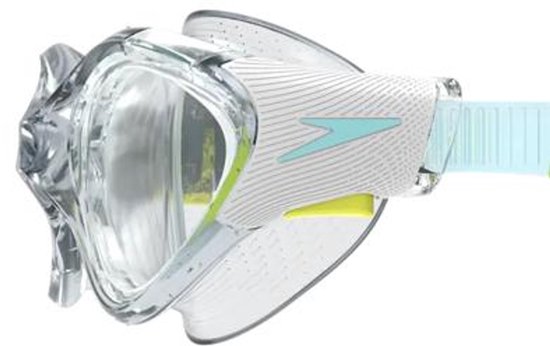 Gedetailleerd beeld van de Speedo Biofuse 2.0 zwembril, met witte en gele details.