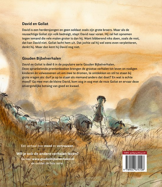 Boek kaft met illustration of David and Goliath. David, a shepherd boy, leads his sheep. In the background are hills and a text about the story.