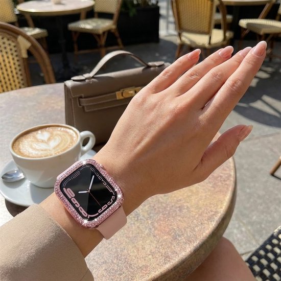 5 stuks Zwart transparant zilverkleurig roze en rosé goudkleurig smartwatch screenprotector met beschermhoes set geschikt voor Apple Watch 40 mm serie SE / 4 / 5 / 6 PC case met dubbele rij strass steentjes