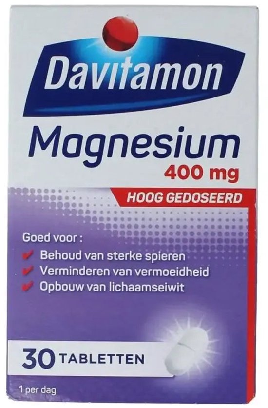 Davitamon Magnesium 400 mg, 30 hoog gedoseerde tabletten. Paarse doos met een witte pil.