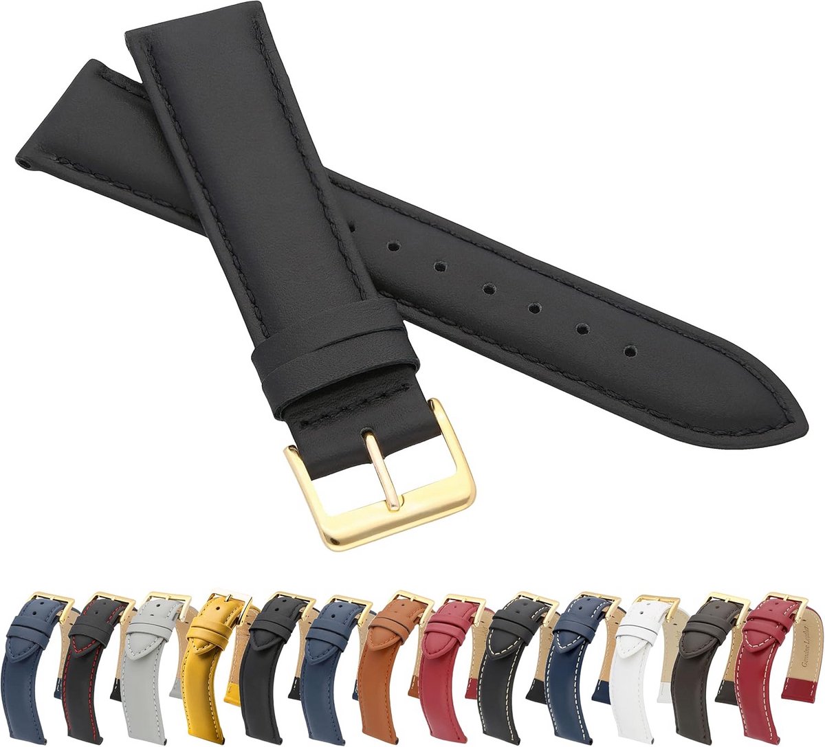 Horlogeband glad leer zwart 18 mm met gouden gesp van echt rundleer