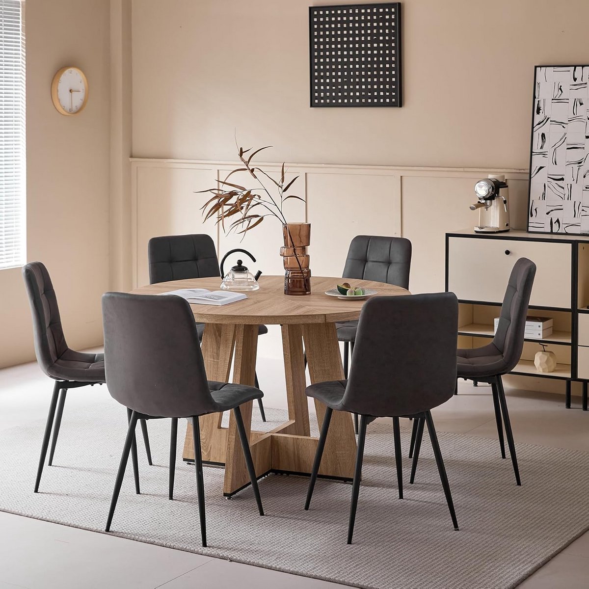 Ronde Eetkamerset 7 Delen 120 cm met 6 Comfortabele Stoelen voor Keuken en Woonkamer