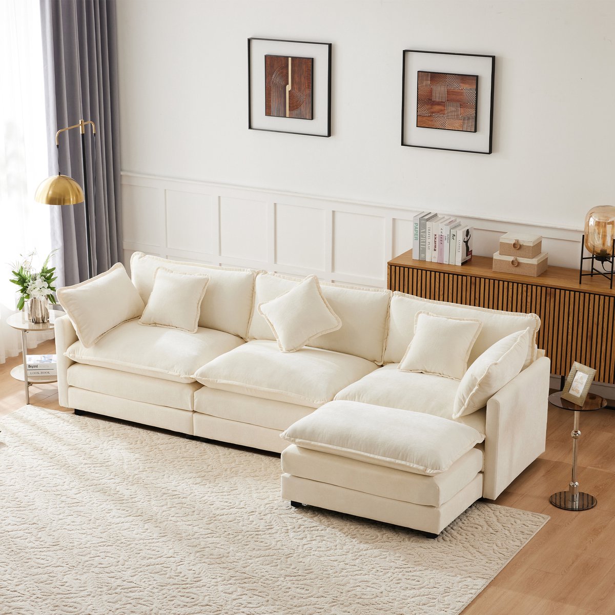 OKWISH Hoekbank 283 X 147 X 84 Cm - 3-Zits Met Verplaatsbare Hocker - Zachte Chenille Bekleding - Voor Woonkamer Slaapkamer - Beige