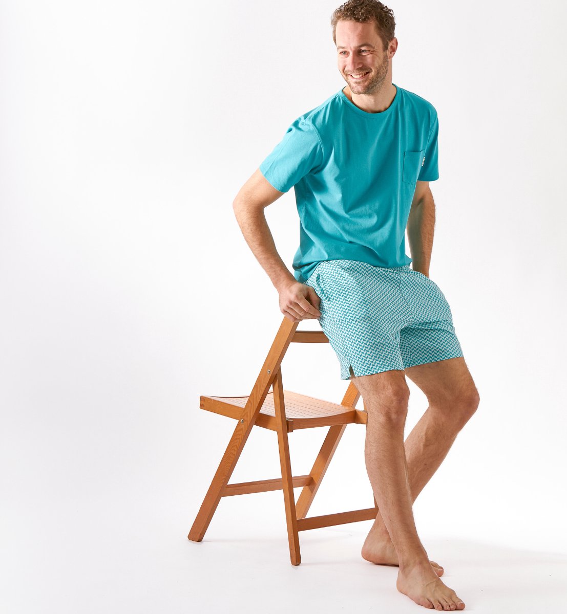 Little Label Pyjama heren Maat XXL/54 - aqua blauw - print - Shortama - Zachte BIO Katoen