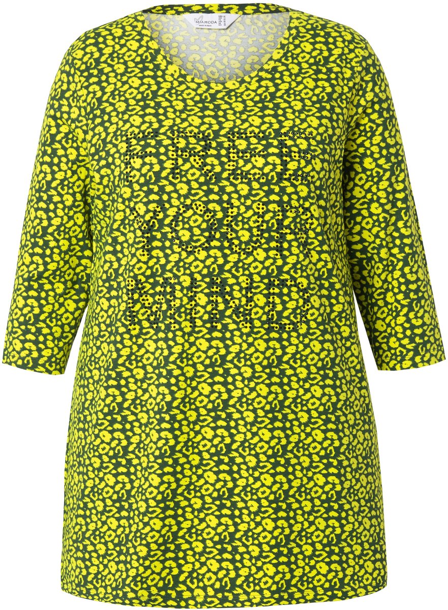 MIAMODA - Dames - Longshirt luipaardpatroon glitterstatement 3/4-mouw - Limoen - Maat 46