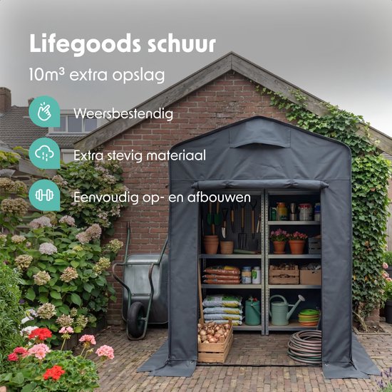 Grijze opvouwbare tuinschuur met open deur, gevuld met tuinspullen en opbergplanken.