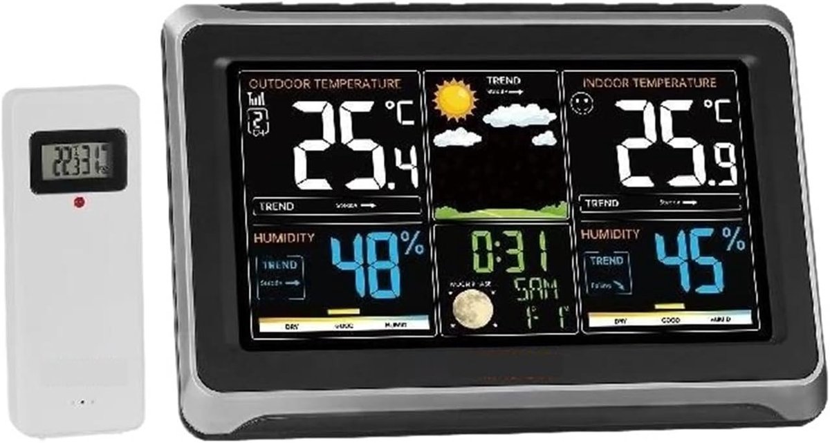 Weerstation - Weerstation Binnen en Buiten - Professioneel Weerstation met draadloze Buitensensor - Waarschuwingsfunctionaliteit - 19cm diameter Kleurendisplay - Weerstations - Outdoor Sensor - Voor thuis of op reis