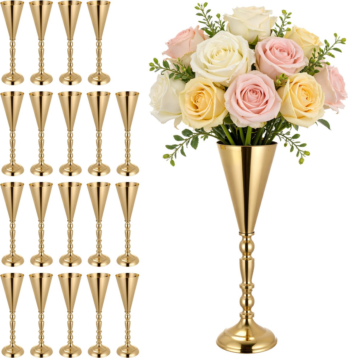 Vevor 20 Stuks Trouwvazen, Bloemvazen ​​voor Bruiloften, 43 Cm Hoog, Metalen Bloemvazen ​​Met Standaard, Trompetvaas Tafeldecoratie voor Bruiloften, Feesten, Jubilea en Ceremonies, Goudkleurig