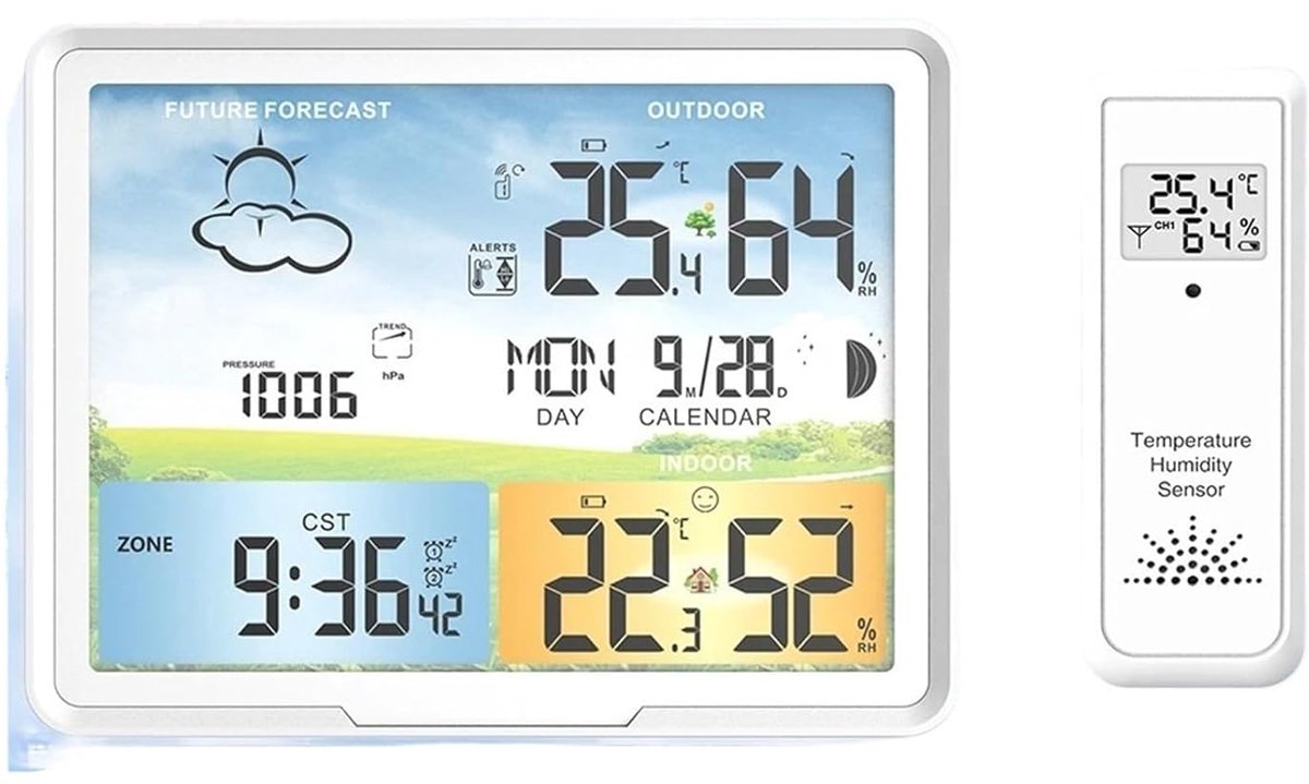 Weerstation Digitale Kalenderklok - Weersvoorspeller Hygrometer - Binnen Buiten Meten - Atoomklok Tijdssignaal - 17.2 cm Breed - Wit