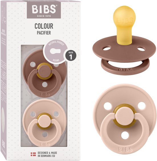 BIBS Colour Speen verpakking van 2 stuks. BPA-vrij, Ronde speen. Natuurlijk rubberlatex, Gemaakt in Denemarken. Maat 1 (0-6 maanden), Woodchuck / Blush