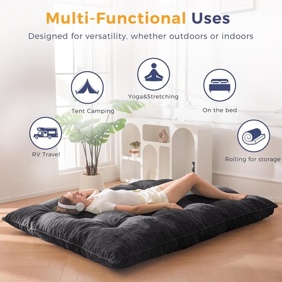 Oprolbare Matras - Futon Slaapbank - Comfortabel Slapen - Versnipperd Schuim Vulling - 135x200x15 cm - Zwart — afbeelding 4