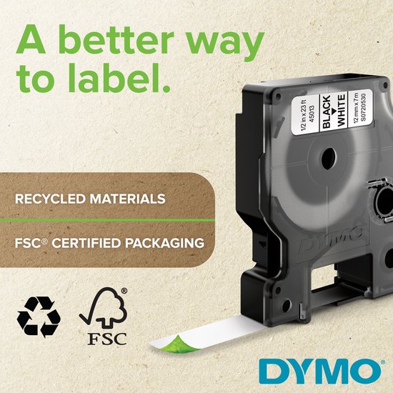 DYMO labelcassette met witte heat-shrink buis, 12 mm x 7 m, zwart op wit, met recycle logo's.