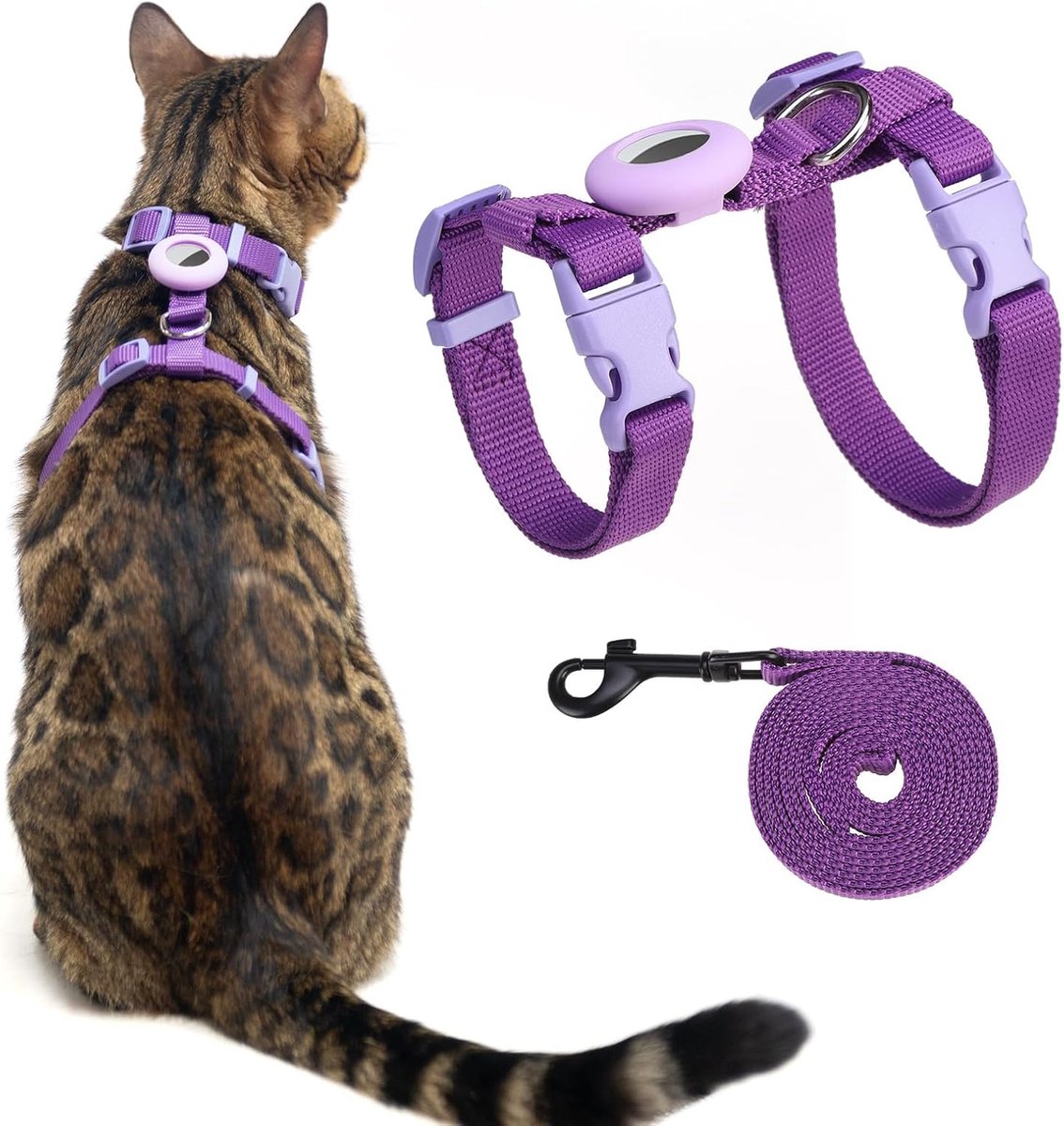 Kattenharnas Riemset - Veilig Uitlaatsysteem - Wandelen en Reizen - Inclusief Airtag Houder - Verstelbaar Lichtgewicht - Paars