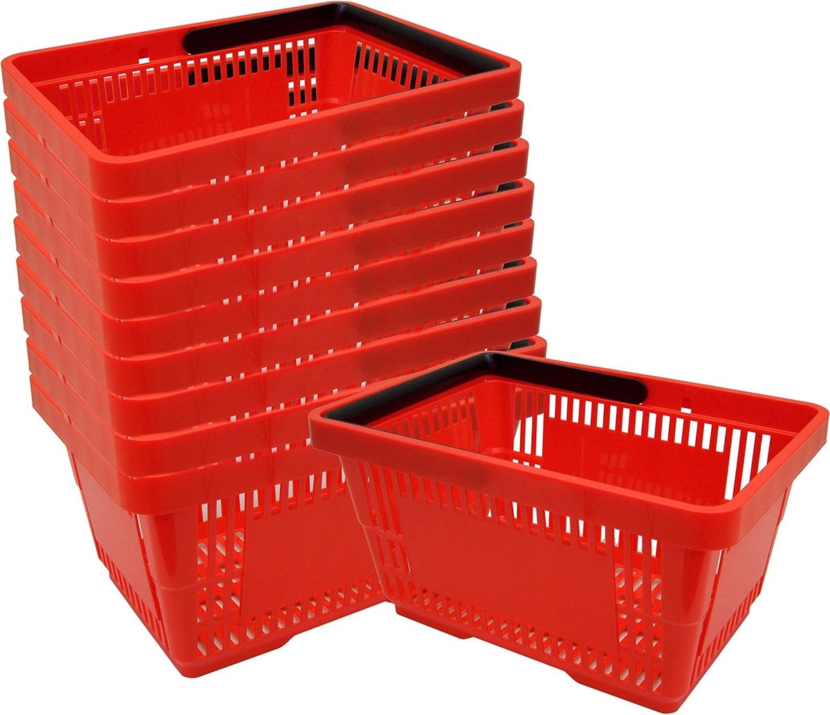 Kunststof winkelmandjes met handvatten - 10 stuks, 20 liter, 40 cm, stapelbaar, rood