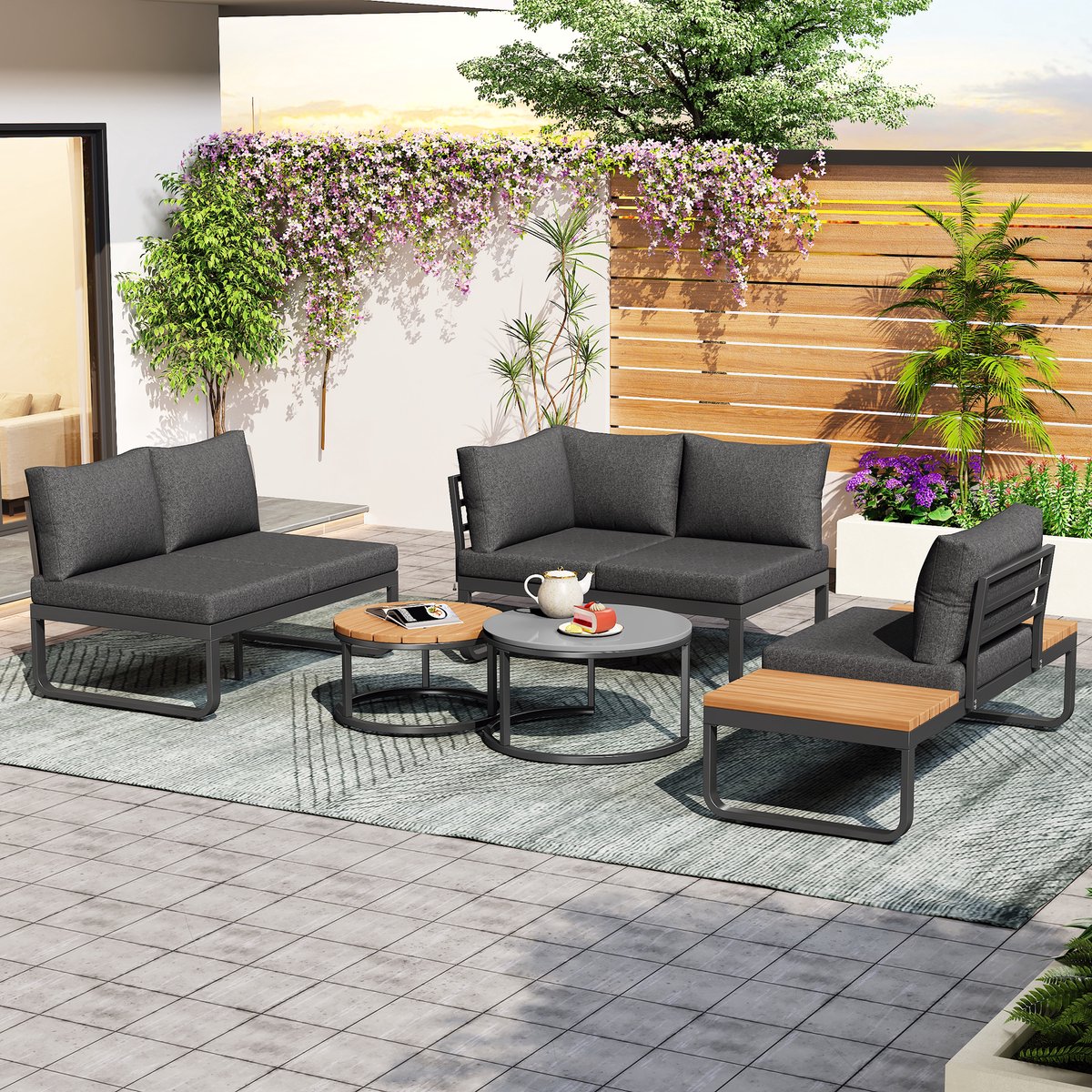 Wishdor Tuinmeubelset - 5 Zitplaatsen - 2 Stapelbare Salontafels - Verstelbare Poten - Verzinkt Ijzeren Frame - Grijs