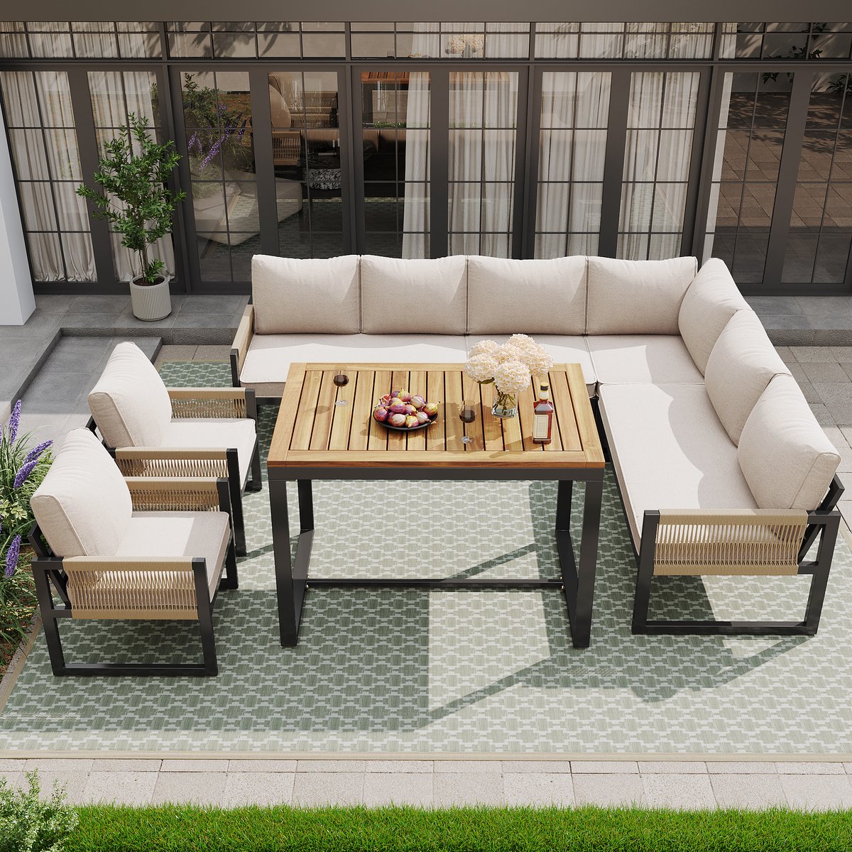 Wishdor Modulaire Loungeset - 7-Delig met Tafel - Handgeweven Rope Design - Waterafstotende Kussens - Beige en Zwart