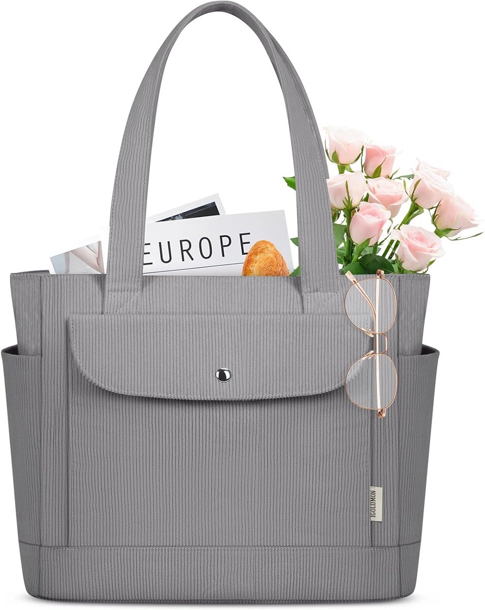 Grote Corduroy Draagtas voor Vrouwen met Magnetische Drukknoop en Rits voor Werk en Vrije Tijd