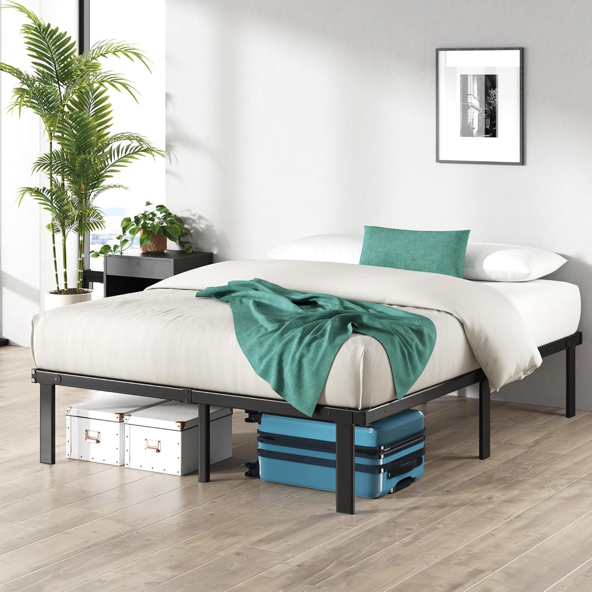 Bedframe 160 x 200 cm met opbergruimte - Opvouwbaar stalen frame - Zwart
