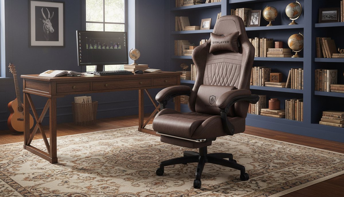 Gamingstoel Casa Velluto AudioLux Pro – Ergonomische bureaustoel met voetensteun, Bluetooth-luidsprekers, verstelbare hoofd- en lendesteun, kantelbare rugleuning, PU-leer, lichtbruin, 136 kg draagkracht