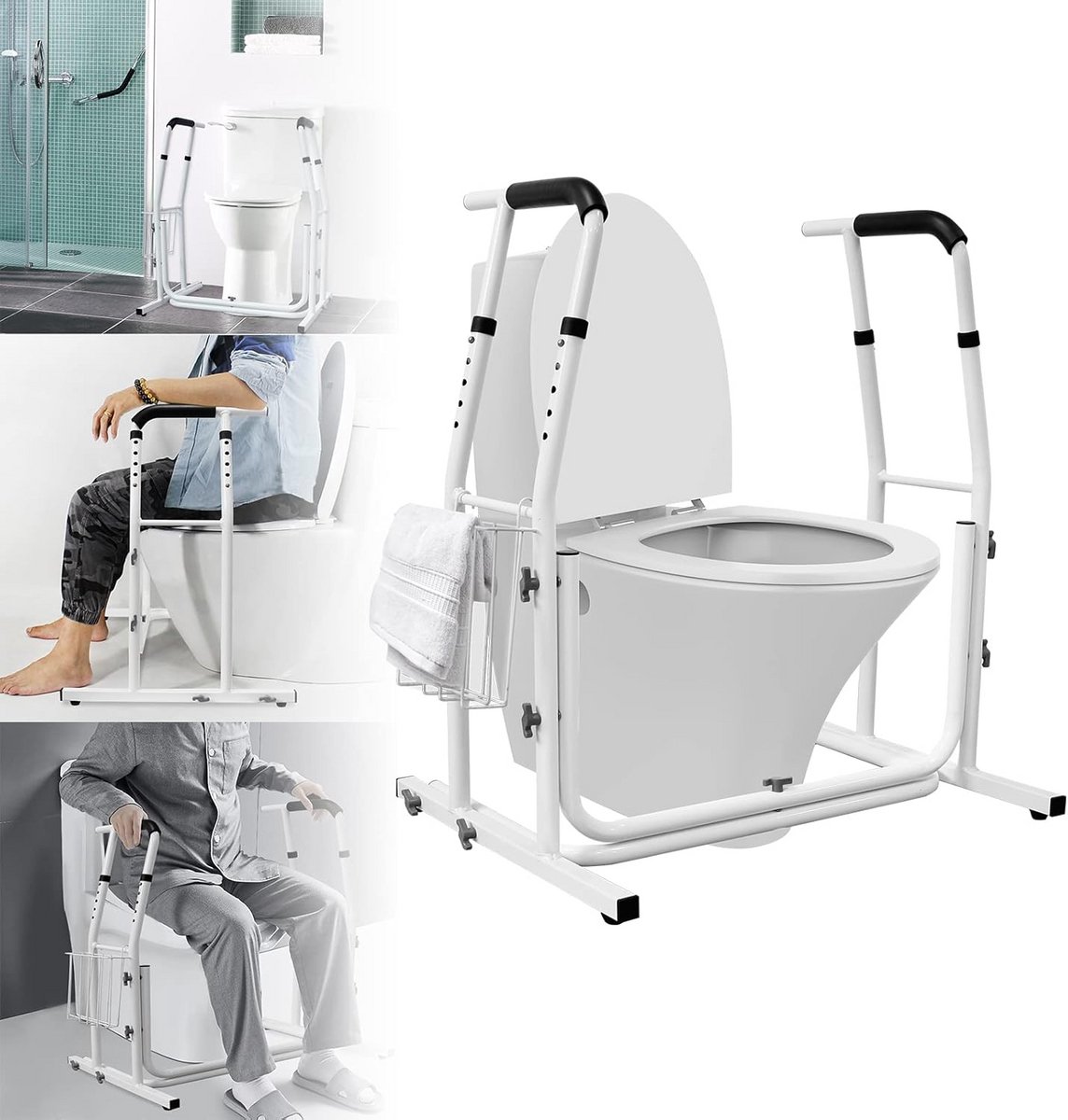 In hoogte verstelbare mobiele toiletsteun met opbergmand
