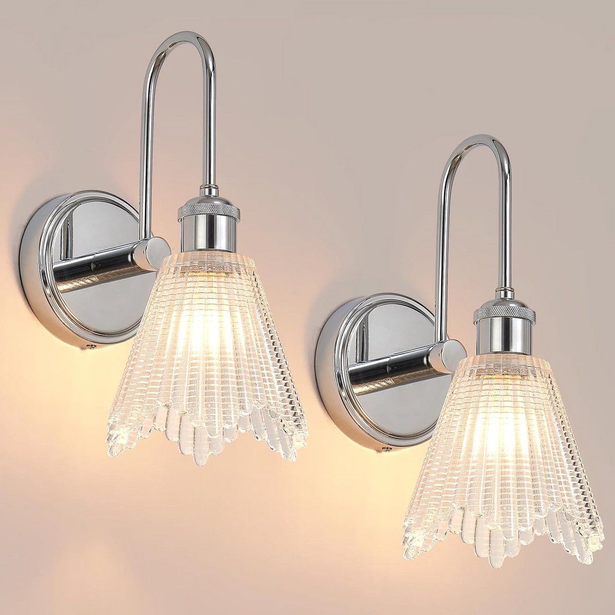 Set van 2 Wandlampen Vintage Verchroomd met Lange Glazen Kap