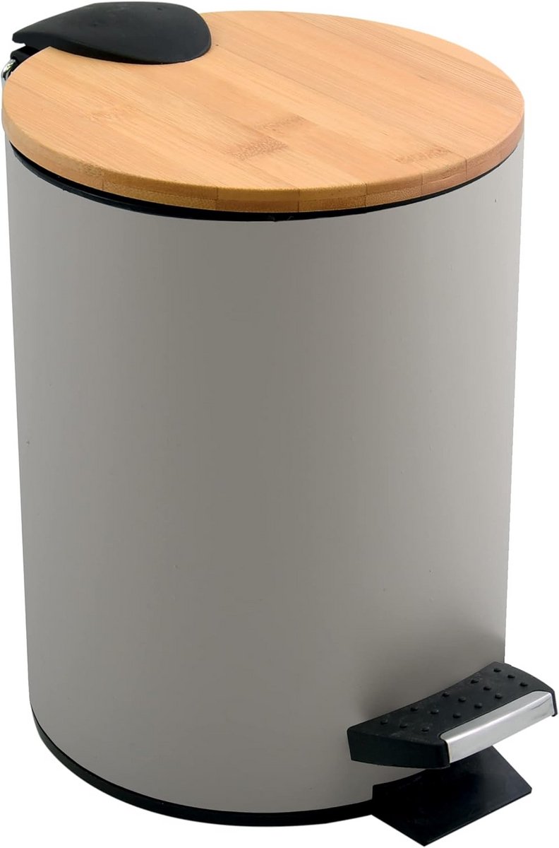 Ronde Cosmetica Pedalenemmer 3 Liter RVS en Bamboe met Soft Close Deksel