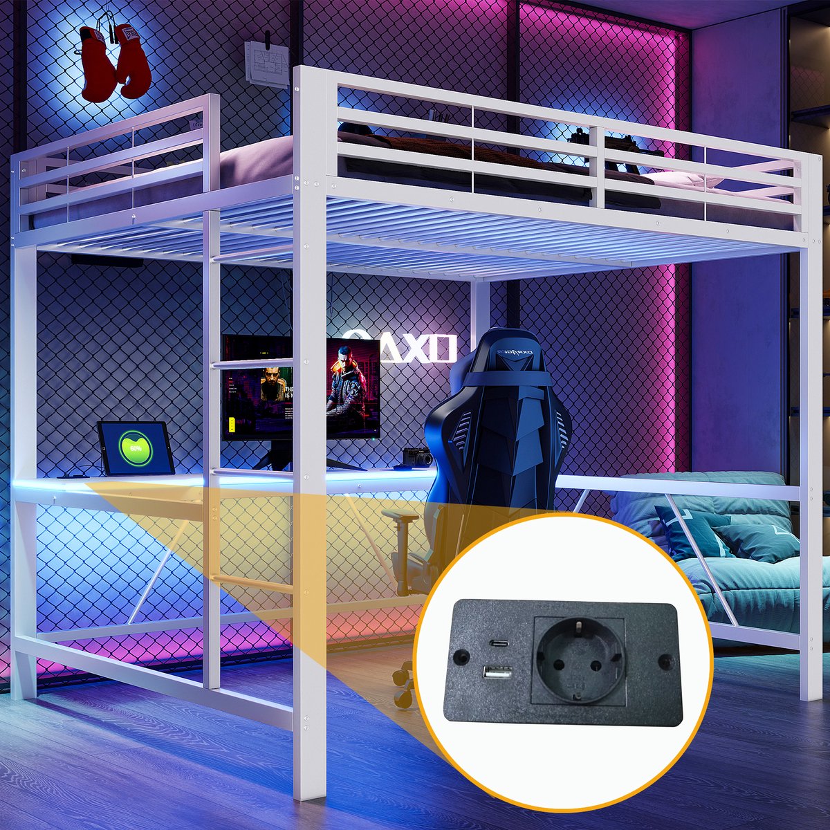 Clruro Gaming bed - 160x200 cm - Hoogslaper met Bureau en Led - USB en Laadstation - Metaal - Wit
