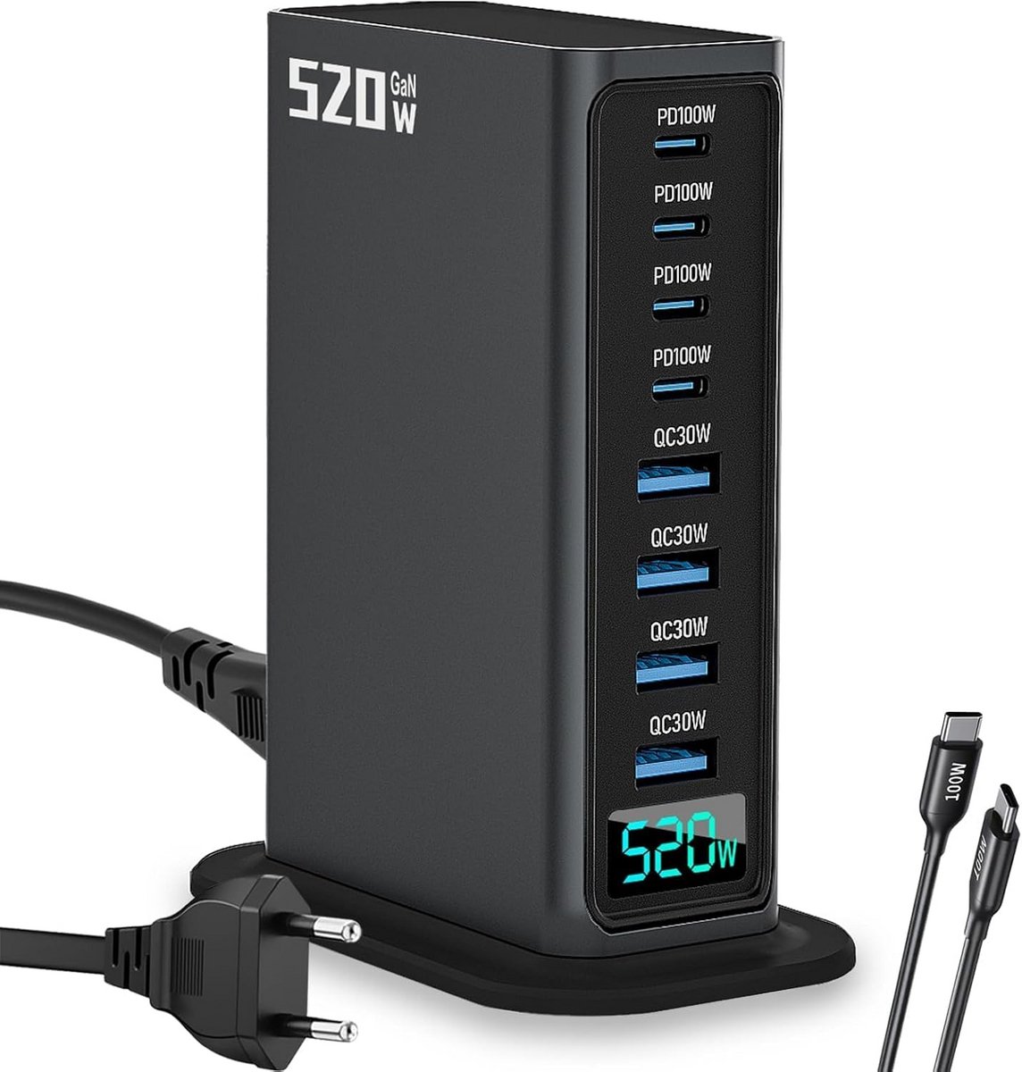 Krachtig 520W USB-C Oplader Station met 8 Poorten voor Snelladen