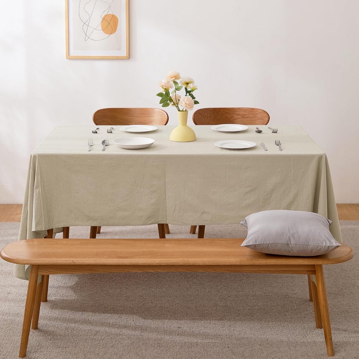 Beige Rechthoekig Tafelkleed in Linnenlook - 100% Gewassen Katoen - 140 x 200 cm