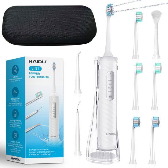 HAIDU 3 in 1 Elektrische Tandenborstel met Waterflosser – 4 Verschillende Opzetstukken – 5 Opzetborstels – 180ml Waterreservoir – Tongreiniger – Reisetui – Wit – Premium Plus Bundel