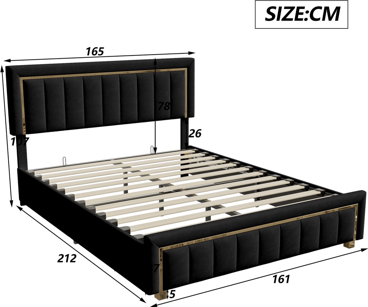 Opbergbed 160x200 cm – Zwart Gestoffeerd Tweepersoonsbed met Gaslift en Ruime Opbergruimte thumbnail 6