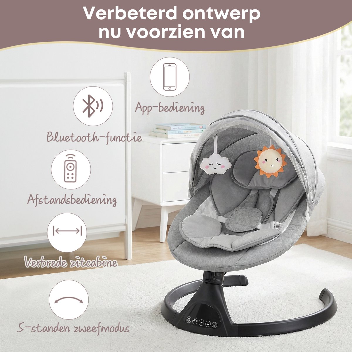 3Babies Elektrische Babyschommel – Grijs en Zwart thumbnail 3