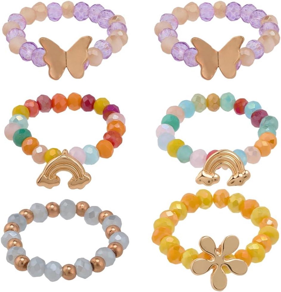 Allecto- Horlogeband Bedels - Rekbare Kralen - Decoratieve Ringen - Kleurrijk Glas - Smartwatch Band - Vlinder Bloem Lussen - Boho - Compatibel met 38-40-41-42-44-45-49 mm Ornament Horlogeband - 6 stuks