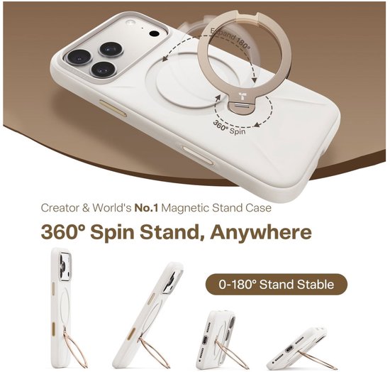 Wit Torras iPhone hoesje met 360° draaibare ringstandaard, te gebruiken als standaard.
