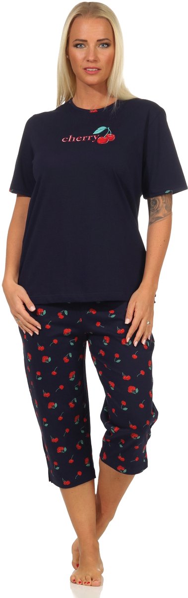 Normann Leuke dames capri pyjama korte mouw met kersen motief - 112 204 90 535 marine