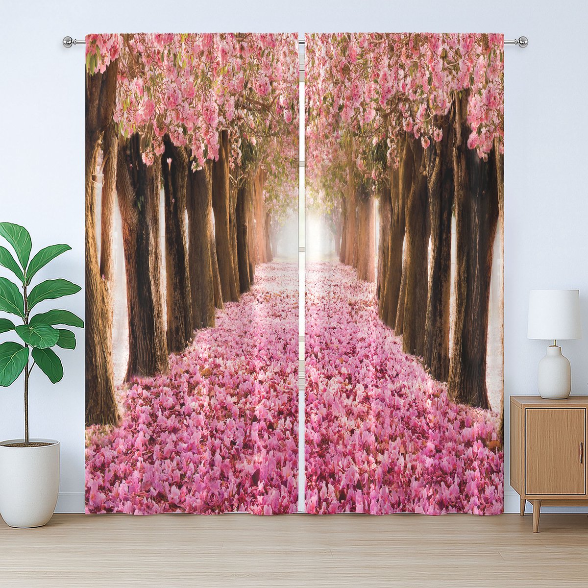 ABAKUHAUS Romantisch Rustieke gordijnen, Vallend Bloemblaadjes Boom-Tunnel, Slaapkamergordijn met plooiband, lussen en haken, 2 stuks 140 cm B x 175 cm L, Roze Donkerbruin