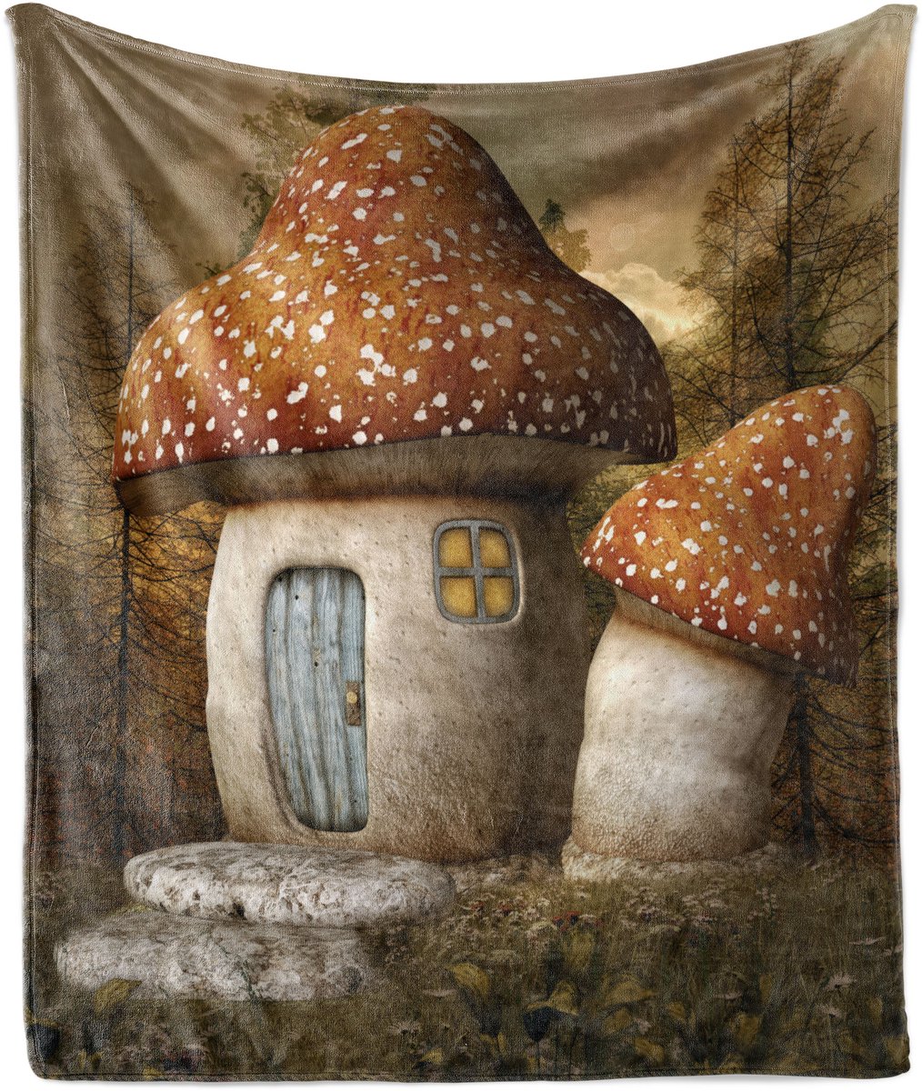 ABAKUHAUS Sprookjesachtige Zachte Flanellen Fleece Deken, Paddenstoelenbos, Gezellige Pluche Plaid, 125 x 175 cm, Bruin en Beige