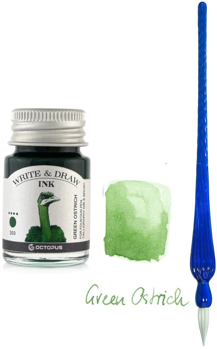 Glazen dip pen set in doosje - Blauw - Potje Octopus inkt green ostrich